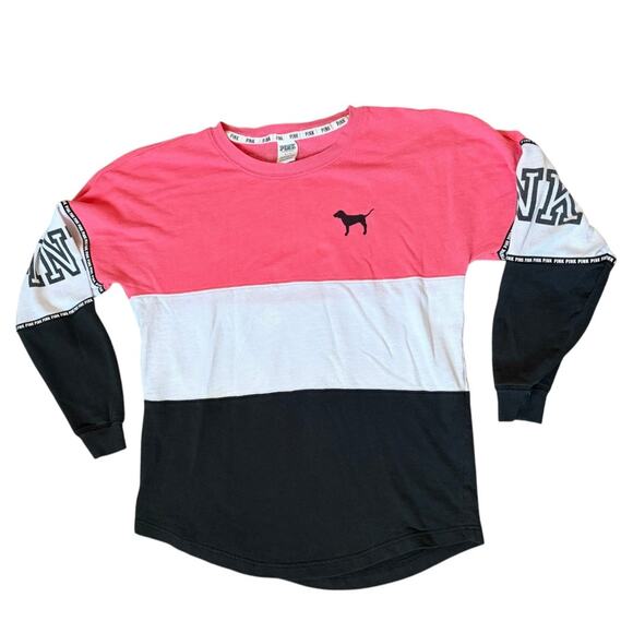 Victoria's Secret Pink Sweaters - Victoria's Secret PINK Striped Cotton Blend Varsity Long Sleeved Pullover Sz S